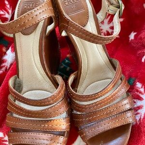 Frye Cognac Leather Strappy Heel Sandals